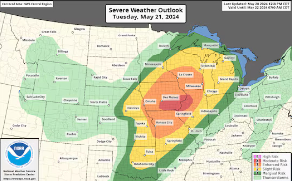 Dangerous storms threaten central states this week, especially Tuesday