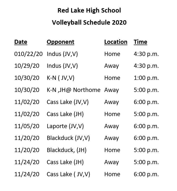 Red Lake High School Volleyball Schedule 2020 Updated - Red Lake Nation